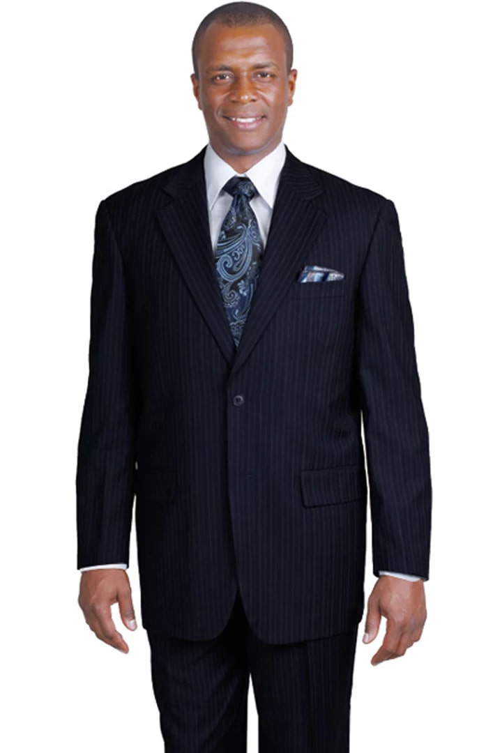 Cheap Suit - Mens 2 Button Modern Fit Banker Pinstripe Navy Suit