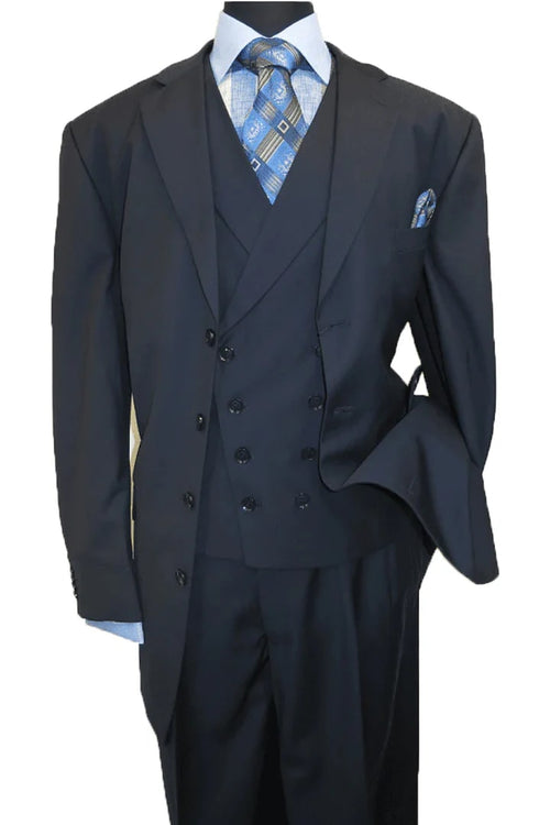Cheap Priced Suit  - Mens 4 Button Fashion Navy Suit With Double Breasted Vest