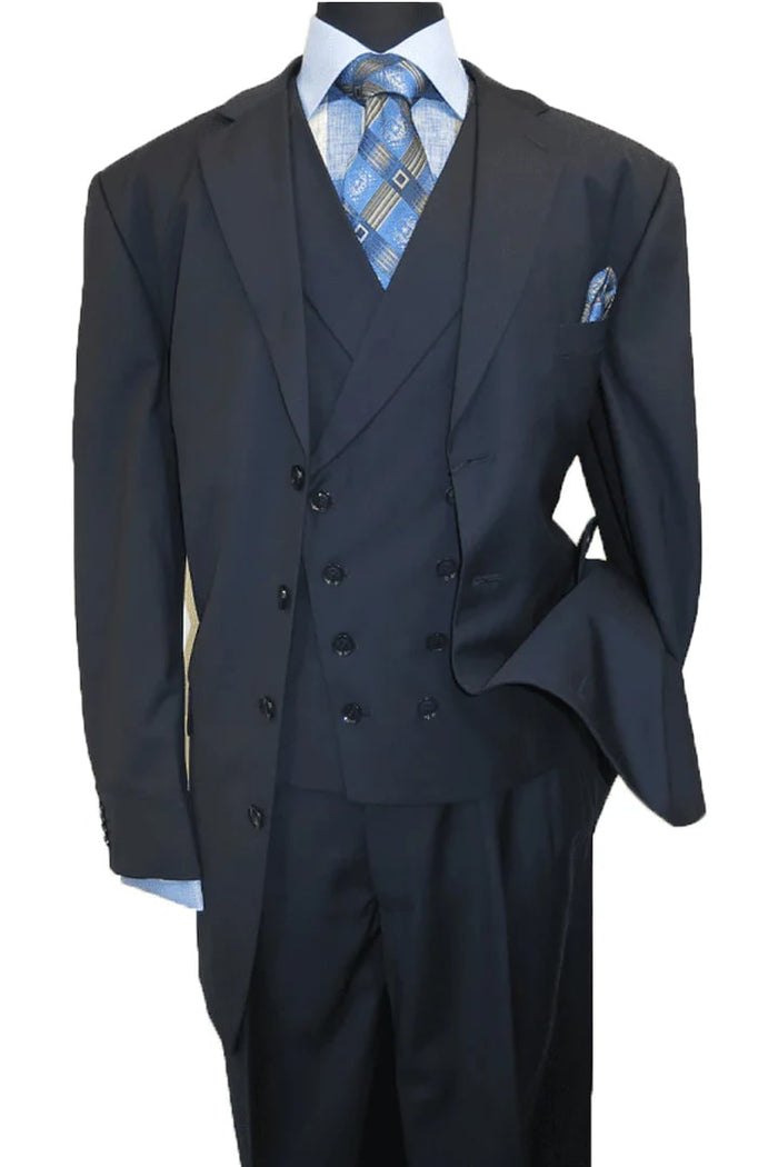 Cheap Priced Suit  - Mens 4 Button Fashion Navy Suit With Double Breasted Vest
