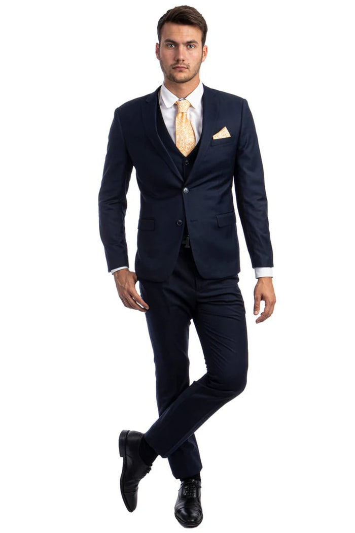 Cheap Priced Suit  - Men's Two Button Slim Fit Vested Solid Basic Color Navy Blue Suit