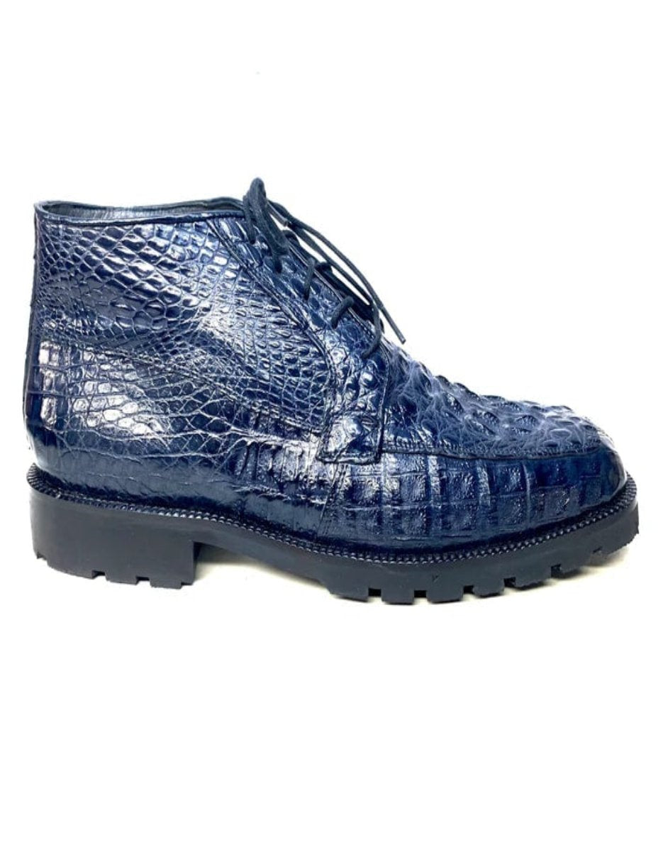 Los Altos Navy Hornback All-Over Crocodile Lace Up Ankle Boots - 8
