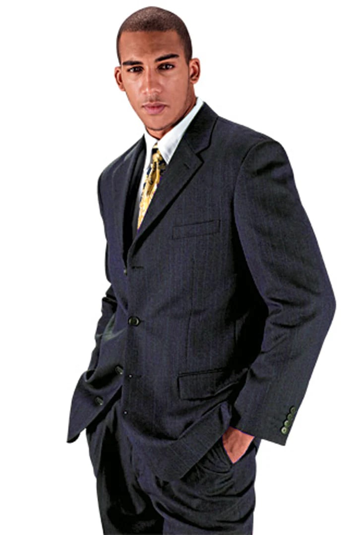 Cheap Priced Suit  - Mens 4 Button 100% Wool Dress  Navy Pinstripe Suit - 38 Short Jacket+32 Waist Adjustable 28to34)(Height: 5 4 to5 7 )(Neck  15-16.5)S-M)