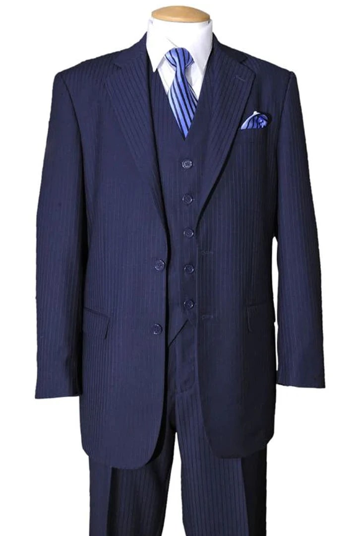 Cheap Priced Suit - Mens 2 Button Vested Wool Feel Tonal Pinstripe Navy Suit - 38 Short Jacket+32 Waist Adjustable 28to34)(Height: 5 4 to5 7 )(Neck  15-16.5)S-M)