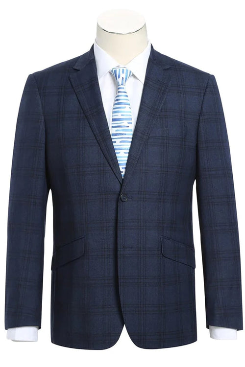 Cheap priced Suit- Mens Two Button Slim Fit Two Piece Hack Pocket Stretch Navy Suit  Windowpane Plaid