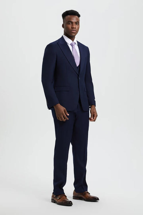 Cheap Priced Suit- Men's Vested One Button Peak Lapel Stacy Adams Designer Navy Suit