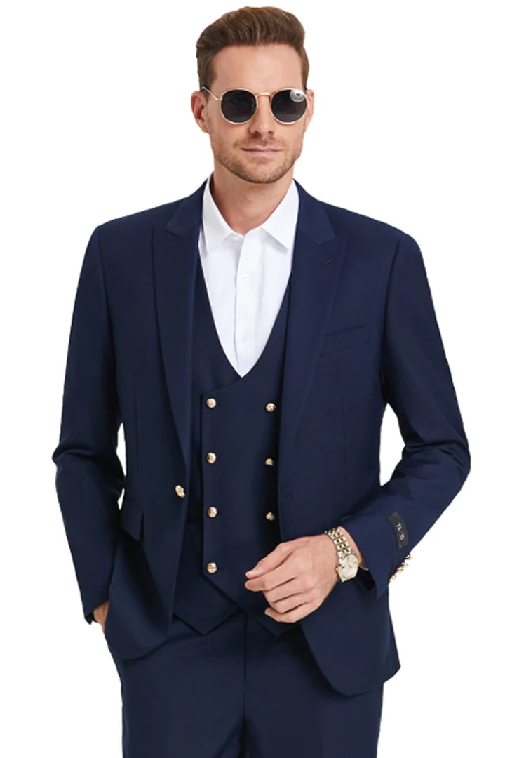 Cheap Suit - Men's One Button Peak Lapel Vested Navy Suit With Gold Buttons