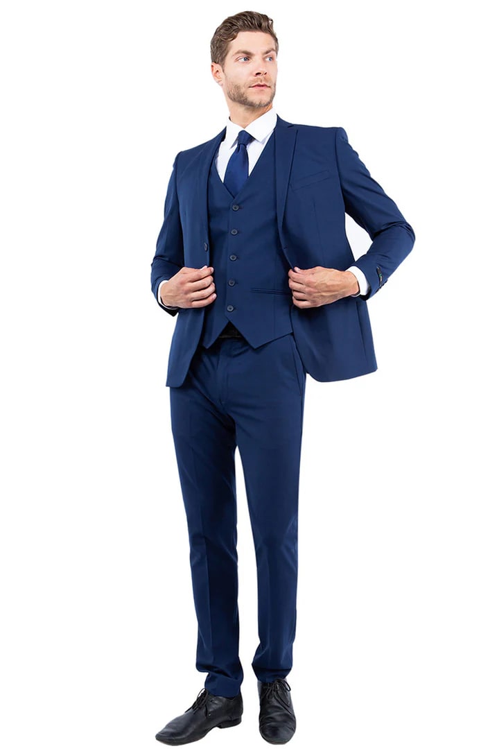 Cheap priced Suit- Men's One Button Vested Slim Fit Business & Wedding Navy Blue Suit - 38 Short Jacket+32 Waist Adjustable 28to34)(Height: 5 4 to5 7 )(Neck  15-16.5)S-M)