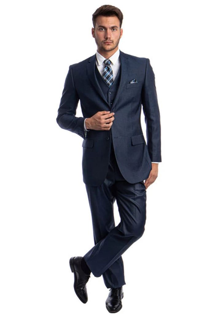 Cheap priced Suit - Men's Two Button Vested Textured Sharkskin Business Navy Blue Suit