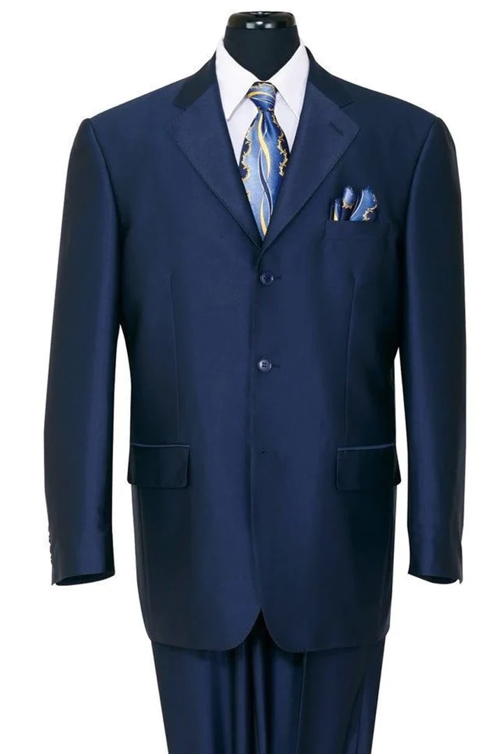 Cheap Priced Suit  - Mens Classic Fit 3 Button Shiny Sharkskin  Navy Suit - 38 Short Jacket+32 Waist Adjustable 28to34)(Height: 5 4 to5 7 )(Neck  15-16.5)S-M)