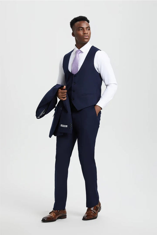 Cheap Priced Suit- Men's Vested One Button Peak Lapel Stacy Adams Designer Navy Suit
