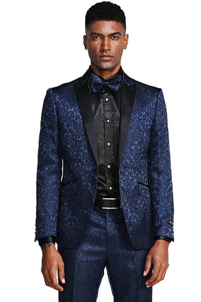 Cheap priced Suit- Men's One Button Slim Fit Paisley Wedding & Prom 2026 Navy Tuxedo