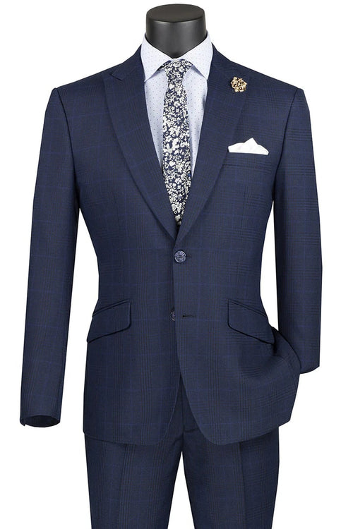Cheap Priced Suit- Mens 2 Button Modern Fit Peak Lapel Plaid Navy Suit