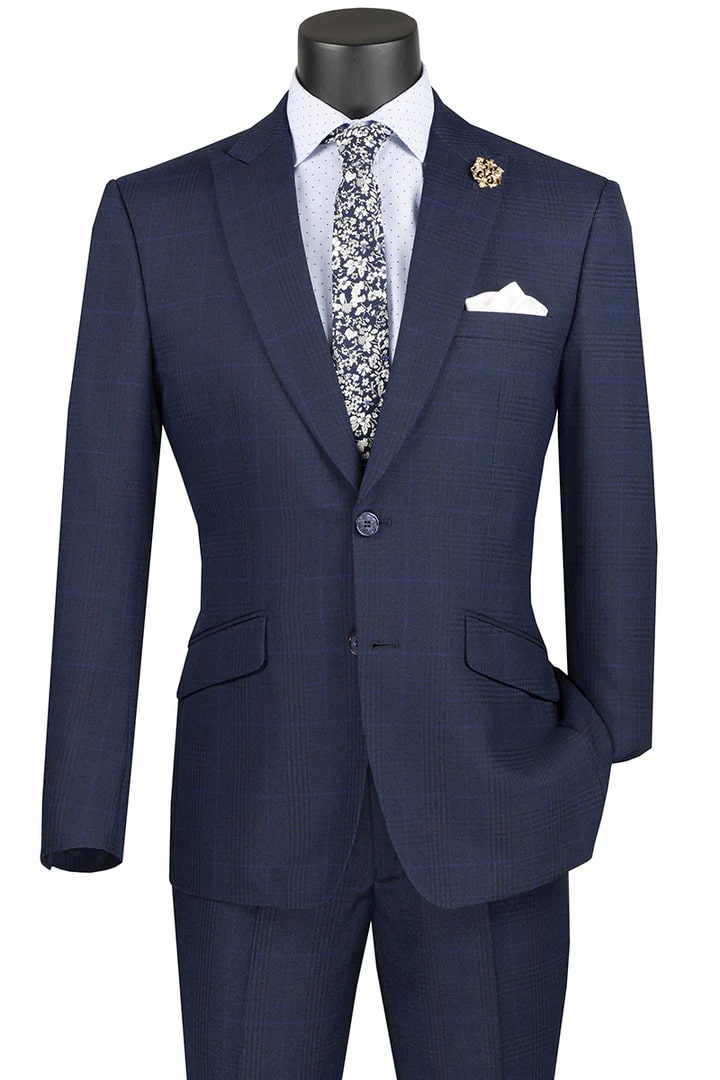 Cheap Priced Suit- Mens 2 Button Modern Fit Peak Lapel Plaid Navy Suit - 38 Short Jacket+32 Waist Adjustable 28to34)(Height: 5 4 to5 7 )(Neck  15-16.5)S-M)