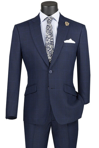 Cheap Priced Suit- Mens 2 Button Modern Fit Peak Lapel Plaid Navy Suit