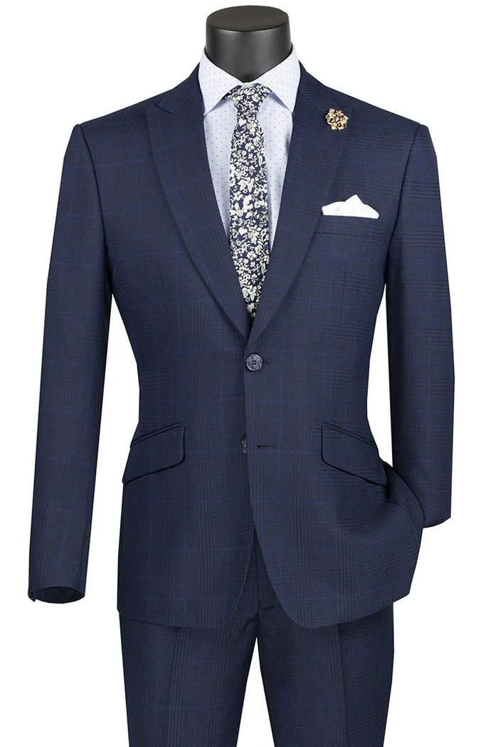 Cheap Priced Suit- Mens 2 Button Modern Fit Peak Lapel Plaid Navy Suit