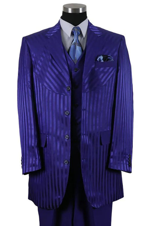 Cheap Priced Suit - Mens 4 Button Semi Wide Leg Shiny Tonal Stripe Fashion Navy Suit