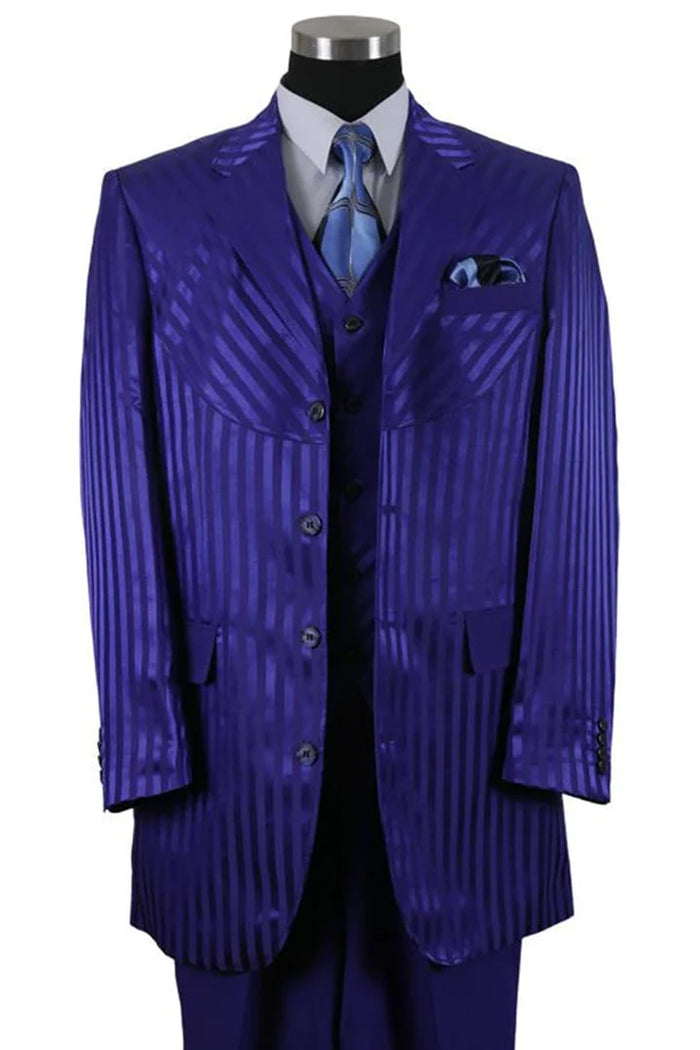 Cheap Priced Suit - Mens 4 Button Semi Wide Leg Shiny Tonal Stripe Fashion Navy Suit