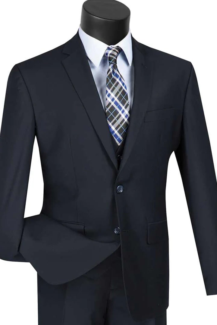 Cheap Priced Suit - Mens Basic 2 Button Vested Slim Fit Navy Suit - 38 Short Jacket+32 Waist Adjustable 28to34)(Height: 5 4 to5 7 )(Neck  15-16.5)S-M)