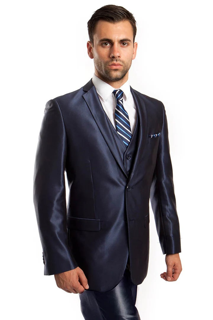 Cheap Suit - Men's Two Button Vested Shiny Sharkskin Wedding & Prom Fashion Navy Suit