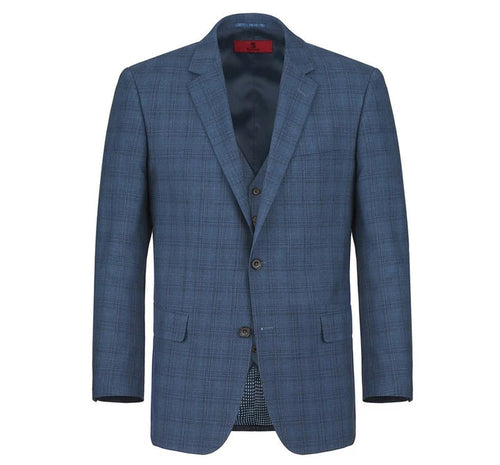 Cheap priced Suit- Mens Two Button Classic Fit Vested  Navy Blue Suit  Windowpane Plaid