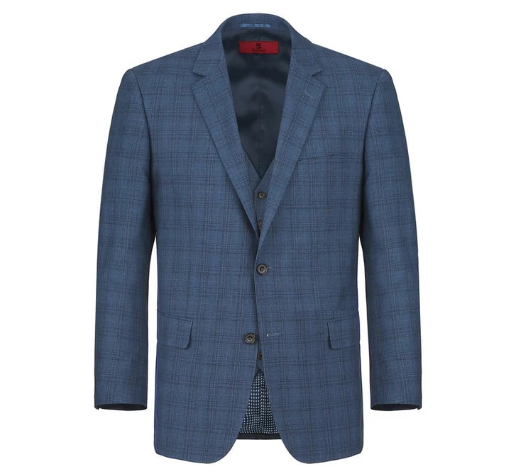 Cheap priced Suit- Mens Two Button Classic Fit Vested  Navy Blue Suit  Windowpane Plaid - 38 Short Jacket+32 Waist Adjustable 28to34)(Height: 5 4 to5 7 )(Neck  15-16.5)S-M)