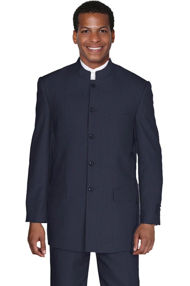 Cheap Priced Suit  -  Mens 5 Button Mandarin Pinstripe Navy Suit