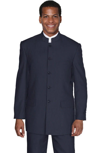 Cheap Priced Suit  -  Mens 5 Button Mandarin Pinstripe Navy Suit
