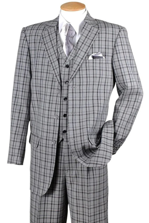 Cheap Priced Suit- Mens 3 Button Vested Windowpane Plaid Fashion Navy Suit