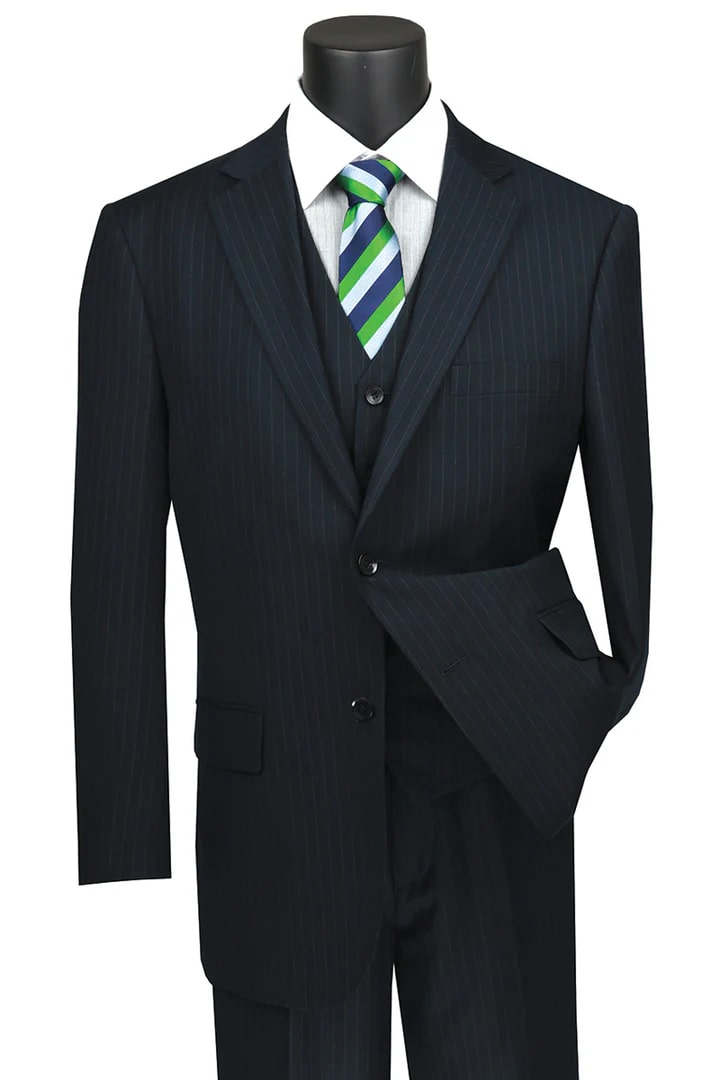 Cheap Suit - Mens Classic Fit Vested Banker Pinstripe Navy Suit