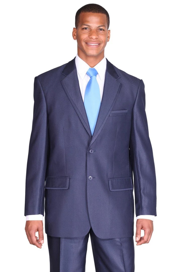Cheap Priced Suit  - Mens 2 Button Diagonal Shiny Sharkskin Navy Suit - 38 Short Jacket+32 Waist Adjustable 28to34)(Height: 5 4 to5 7 )(Neck  15-16.5)S-M)