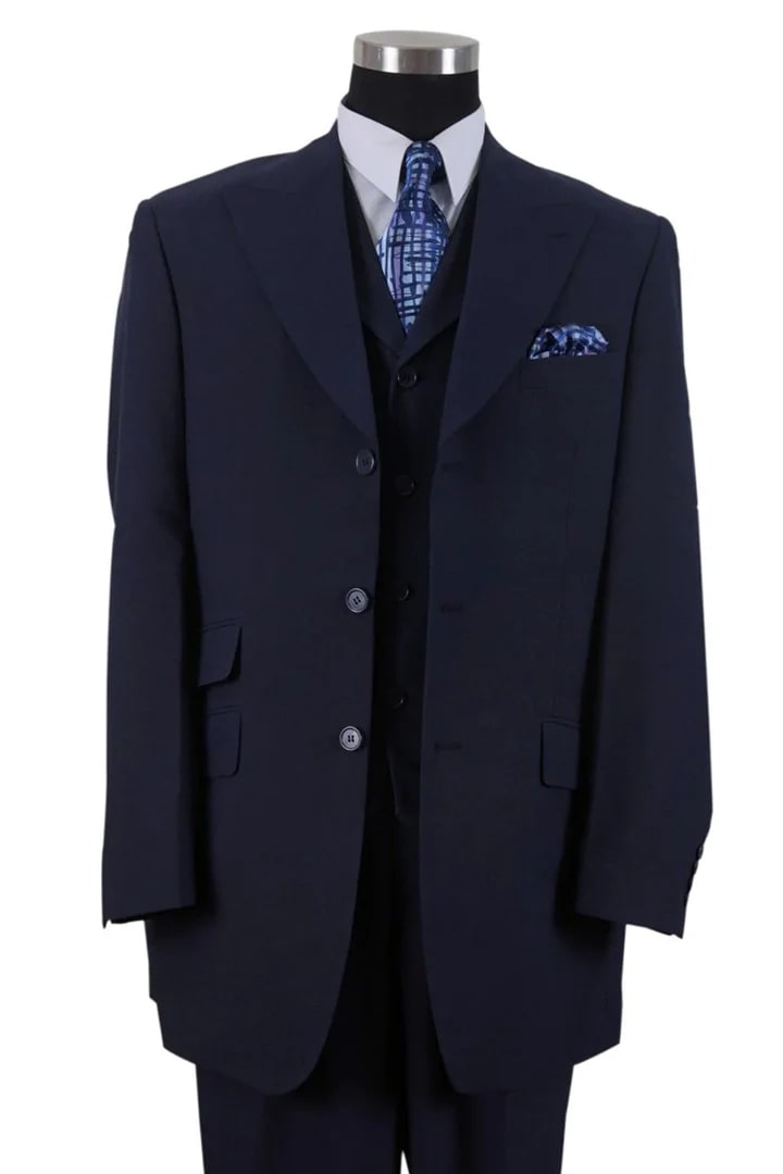 Cheap Suit - Mens 3 Button Vested Wide Peak Lapel Fashion Navy Suit