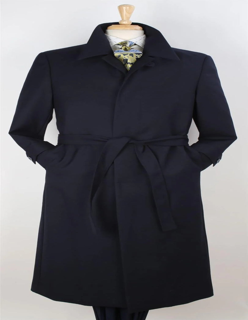 Mens Black Diamond Solid Navy Blue 100% Wool Gabardine Belted Duster Overcoat - Coat Size 38