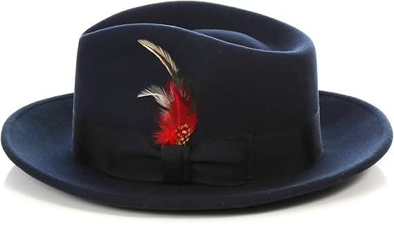 Gangster 100% Austrailian Wool Crushable Mens Fedora Hat - Removable Feather Gangster Navy Blue Mens Fedora Hat - Small