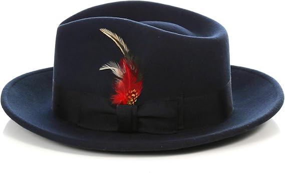 Gangster 100% Austrailian Wool Crushable Mens Fedora Hat - Removable Feather Gangster Navy Blue Mens Fedora Hat