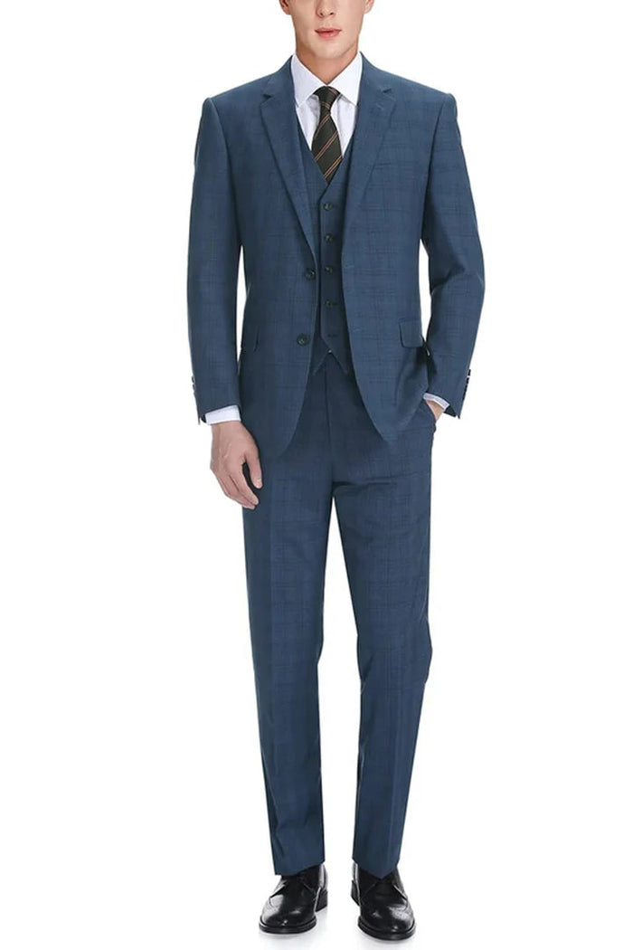 Cheap priced Suit- Mens Two Button Classic Fit Vested  Navy Blue Suit  Windowpane Plaid