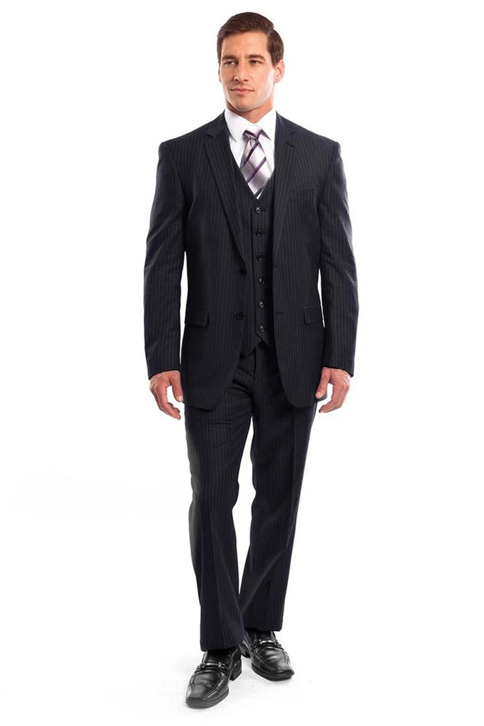 Cheap Priced Suit - Men's Two Button Vested Business Navy Blue Pinstripe Suit