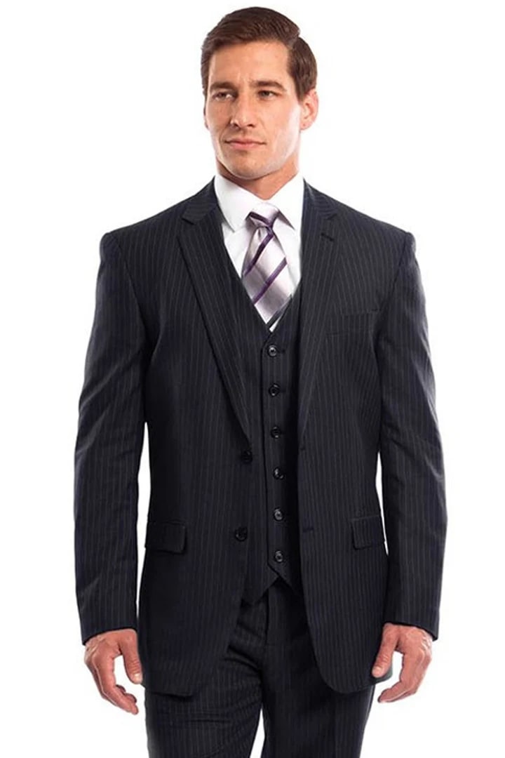 Cheap Priced Suit - Men's Two Button Vested Business Navy Blue Pinstripe Suit - 38 Short Jacket+32 Waist Adjustable 28to34)(Height: 5 4 to5 7 )(Neck  15-16.5)S-M)