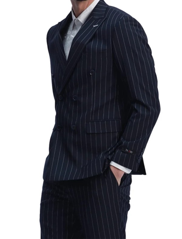 Navy Blue Pinstripe Double-Breasted Suit - Executive Precision - Default Title