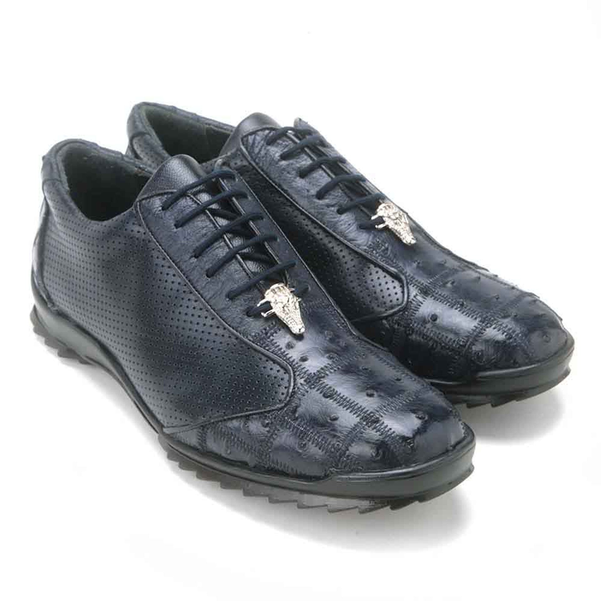 Los Altos Navy Blue Ostrich Patch Work Men's Casual Sneaker - 6