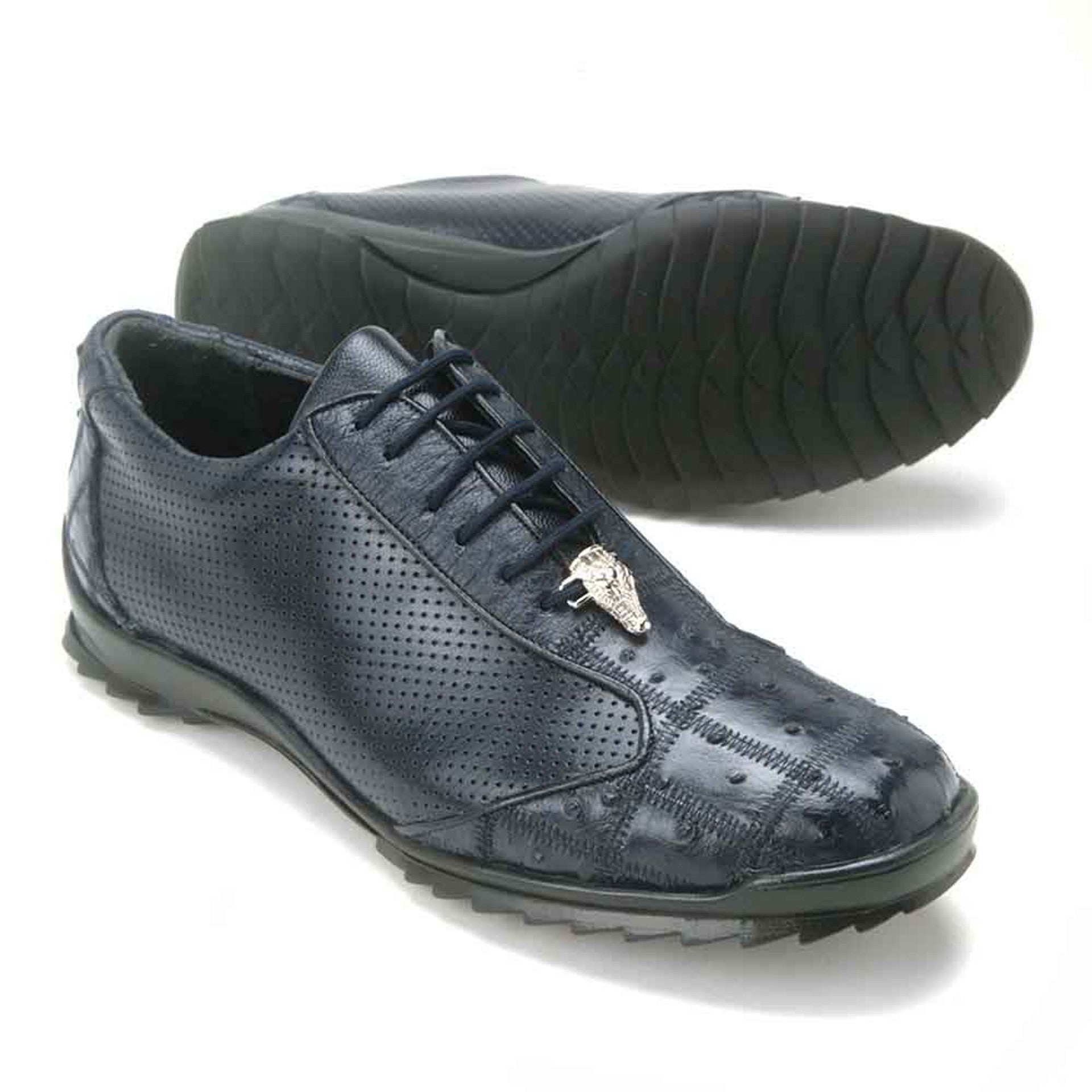 Los Altos Navy Blue Ostrich Patch Work Men's Casual Sneaker - 6