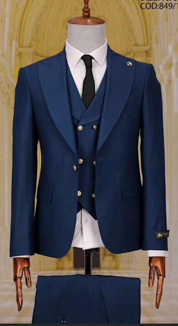 Mens Double breasted Suit - "Royal Blue" 1920s 1980s Style Peak Lapel Suits -Â  Back Side VentedÂ  Mens One Button Peak Lapel Vested Wool Suit with Gold buttons in Royal Blue white