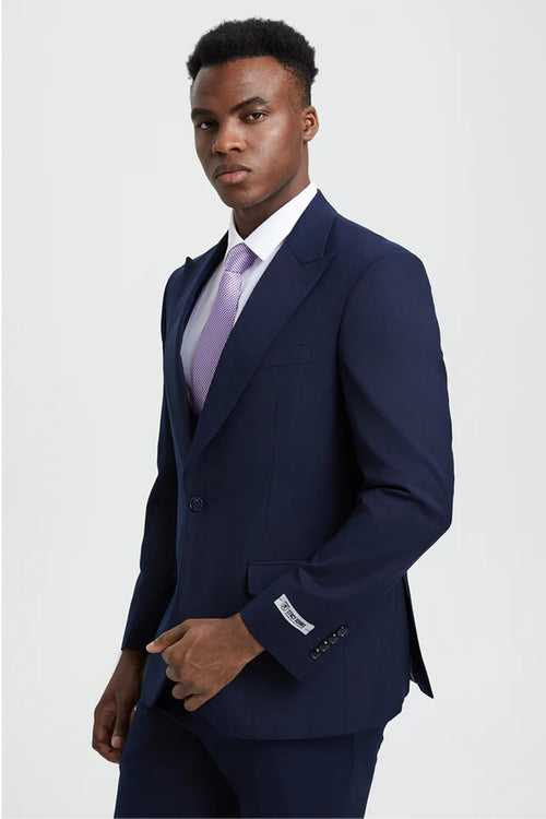 Cheap Priced Suit- Men's Vested One Button Peak Lapel Stacy Adams Designer Navy Suit