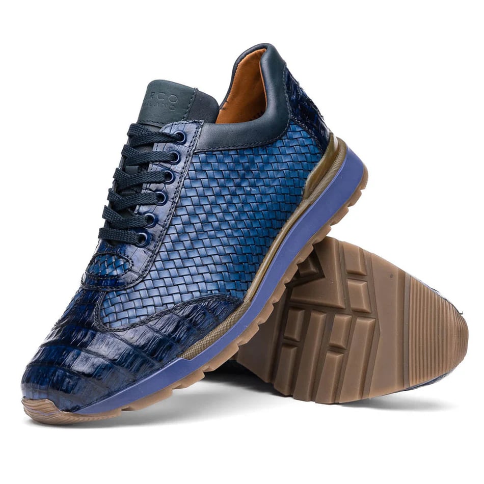 Marco Di Milano Roma Men's Shoes Navy Genuine Caiman Crocodile / Woven Leather Fashion Sneakers - 8