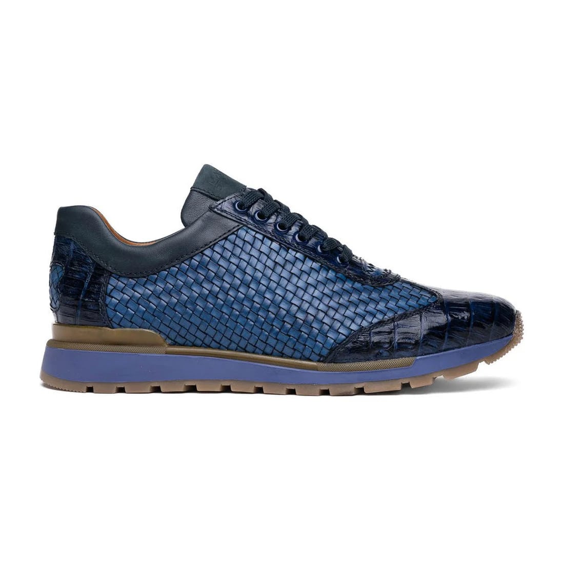 Marco Di Milano Roma Men's Shoes Navy Genuine Caiman Crocodile / Woven Leather Fashion Sneakers - 6