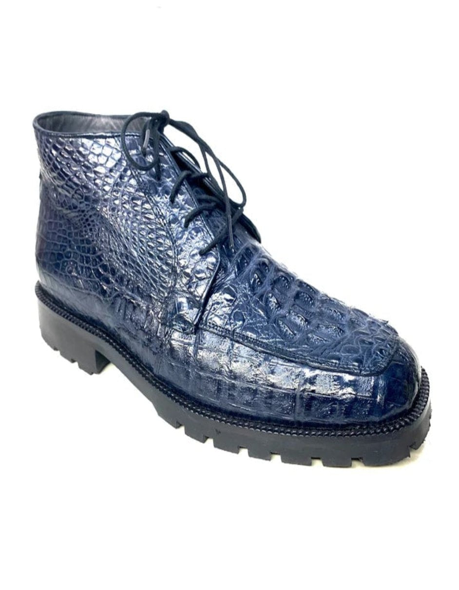 Los Altos Navy Hornback All-Over Crocodile Lace Up Ankle Boots - 8