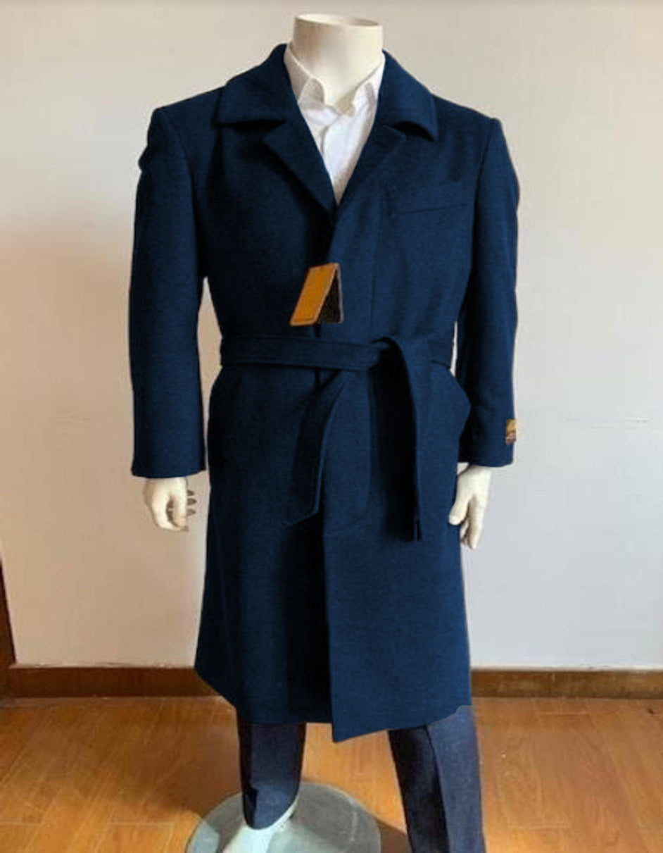 Mens Solid Navy 100% Wool Gabardine Belted Duster Overcoat - Coat Size 38