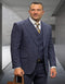 Men's Designer Wool Peak Lapel Navy Blue Windowpane Plaid Suit