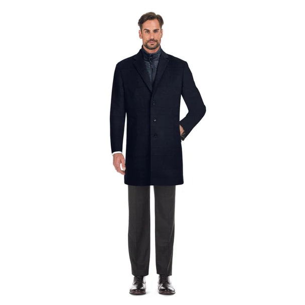 Designer Brand - Wool Blend Slim Fit Navy Overcoat with Removable Quilted Liner Check - Coat Size 38