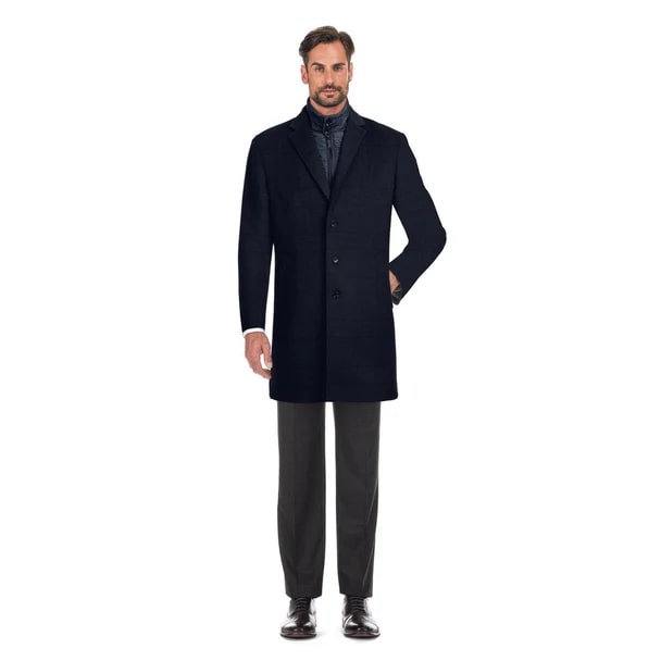 English Laundry Suits  Designer Brand - Wool Blend Slim Fit Navy Overcoat with Removable Quilted Liner Check by English Laundry