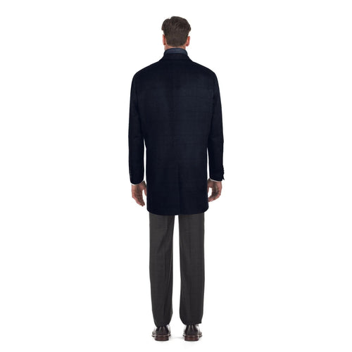 Designer Brand - Wool Blend Slim Fit Navy Overcoat with Removable Quilted Liner Check